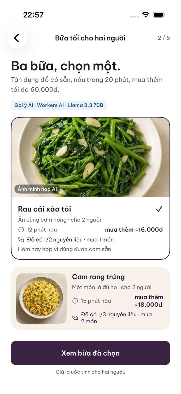 Three AI-suggested dinners, with time and cost