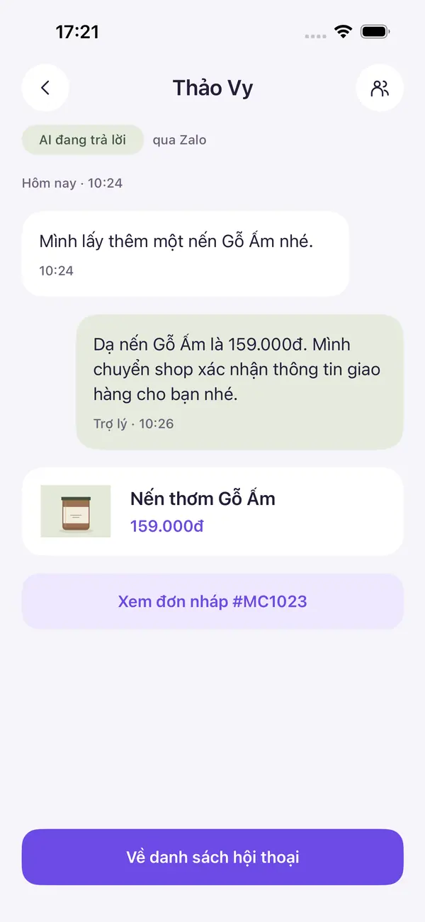 Một hội thoại Zalo AI đang trả lời